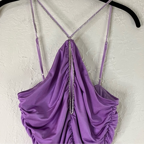 Lucy In The Sky Rhinestone Detail Halter Cut Out Bodycon Dress in Purple - Picture 3 of 12